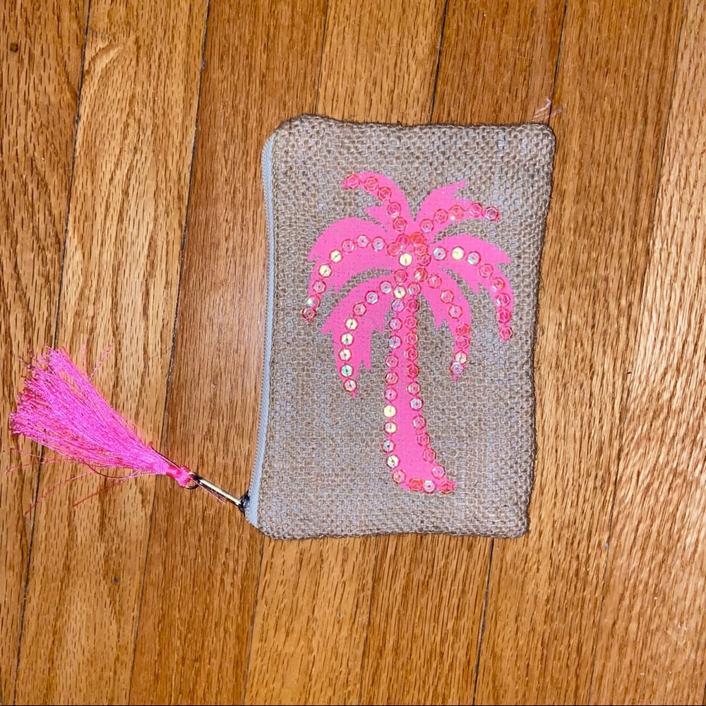 Burlap Clutch with Pink Palm Tree